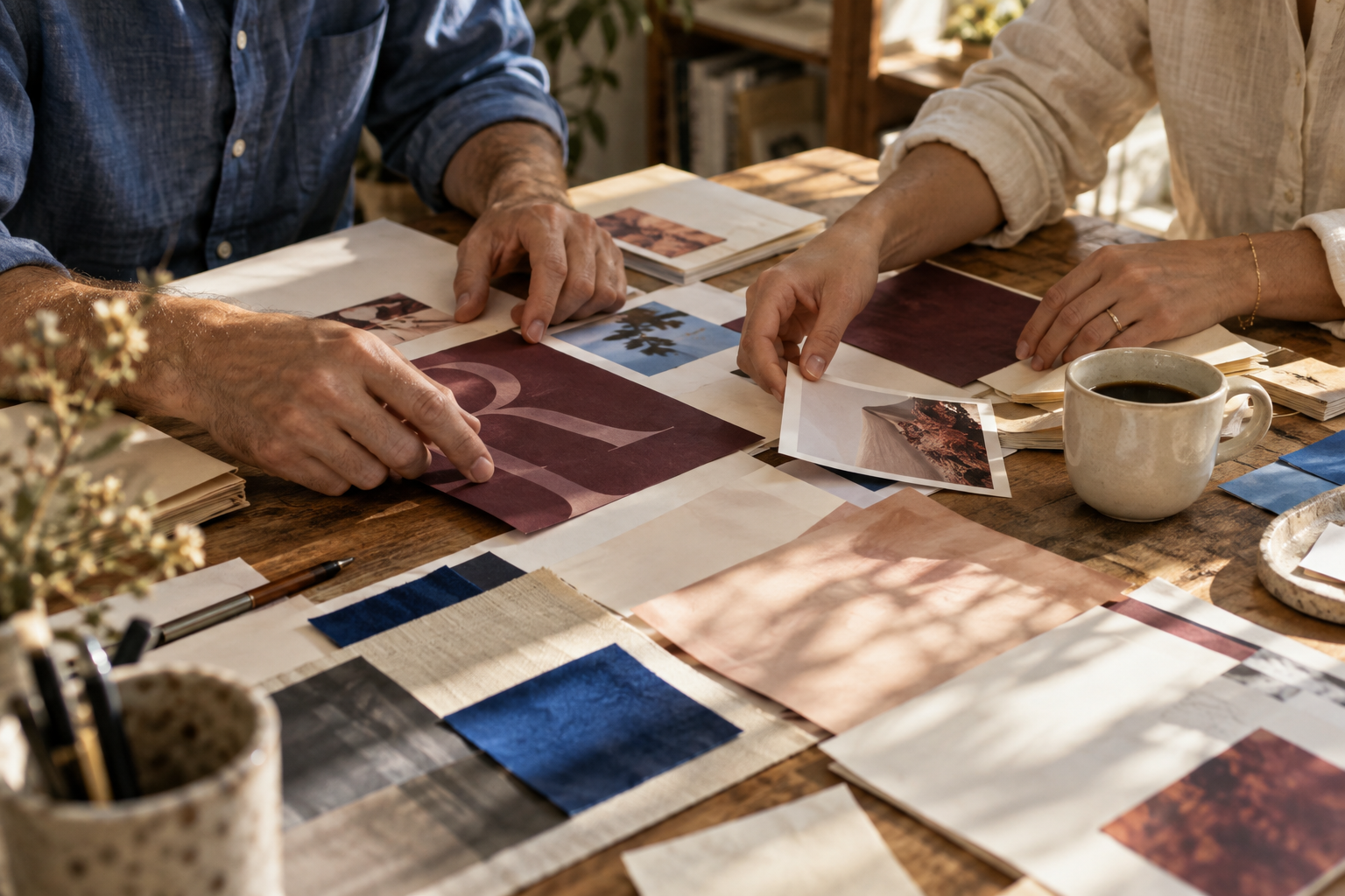 Illustrative creative studio scene: hands arranging burgundy and peach paper studies on a sunlit table